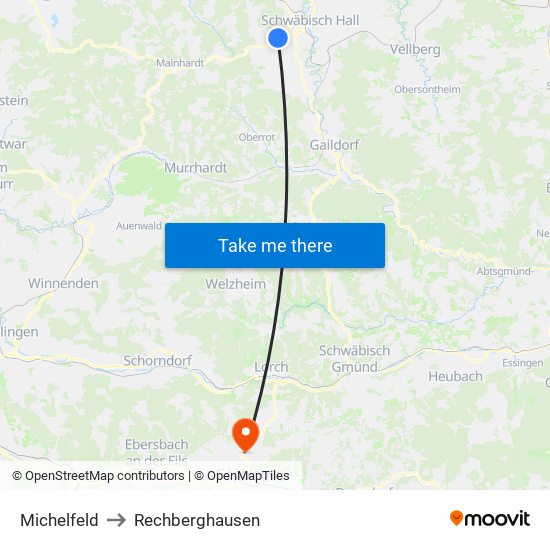 Michelfeld to Rechberghausen map
