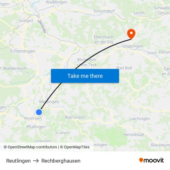 Reutlingen to Rechberghausen map