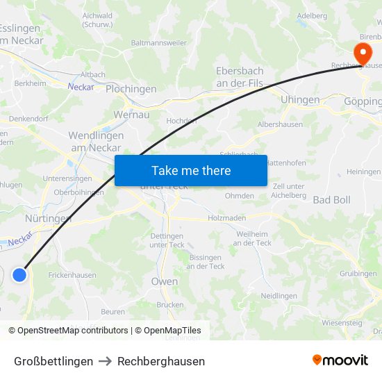 Großbettlingen to Rechberghausen map