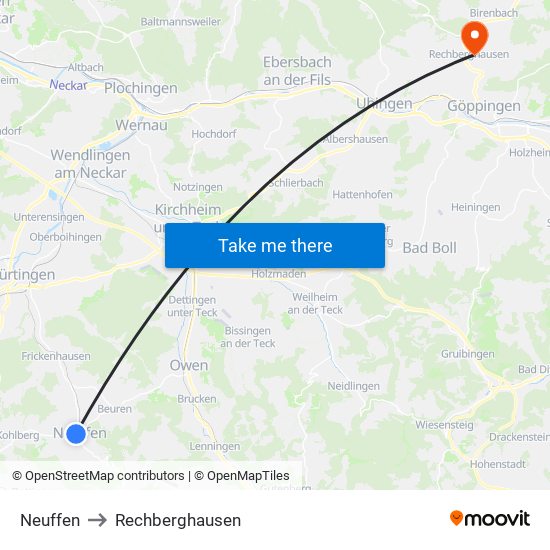Neuffen to Rechberghausen map