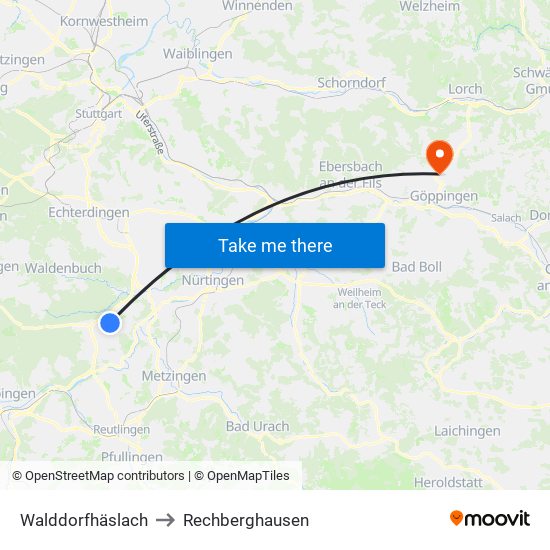 Walddorfhäslach to Rechberghausen map