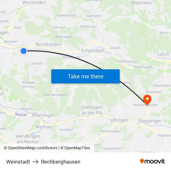 Weinstadt to Rechberghausen map