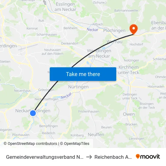Gemeindeverwaltungsverband Neckartenzlingen to Reichenbach An Der Fils map