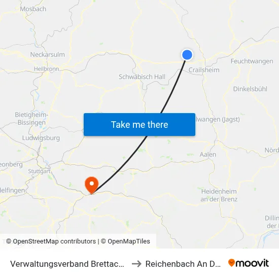 Verwaltungsverband Brettach/Jagst to Reichenbach An Der Fils map