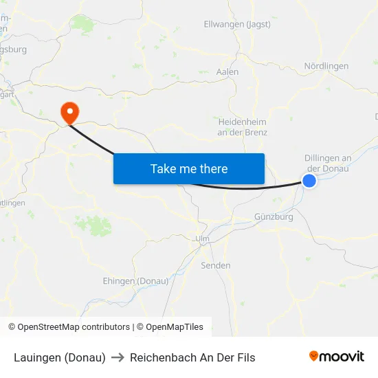 Lauingen (Donau) to Reichenbach An Der Fils map