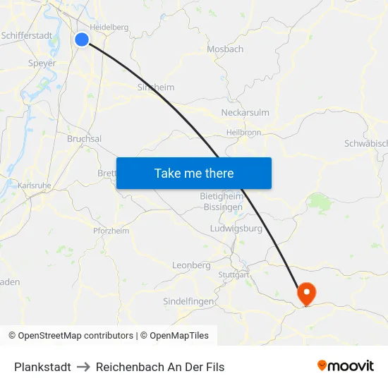 Plankstadt to Reichenbach An Der Fils map