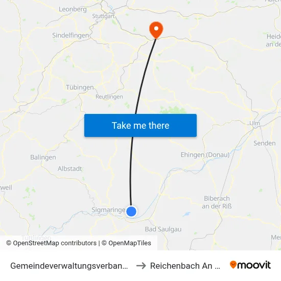 Gemeindeverwaltungsverband Mengen to Reichenbach An Der Fils map