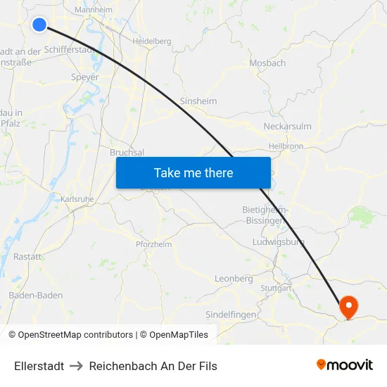 Ellerstadt to Reichenbach An Der Fils map