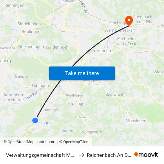 Verwaltungsgemeinschaft Mössingen to Reichenbach An Der Fils map