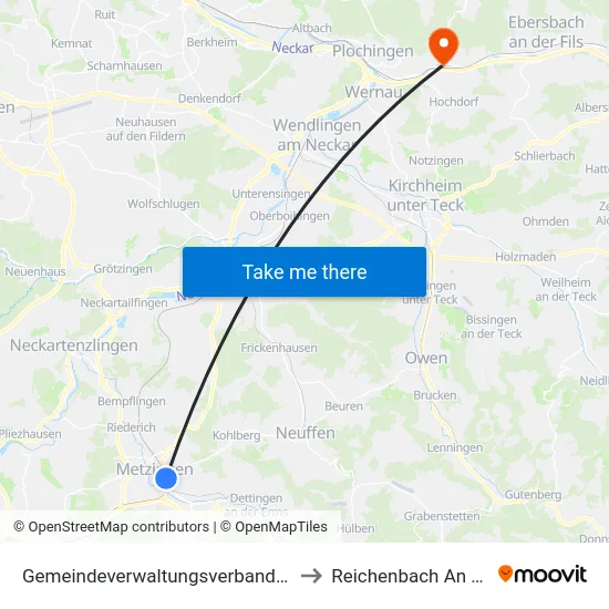 Gemeindeverwaltungsverband Metzingen to Reichenbach An Der Fils map