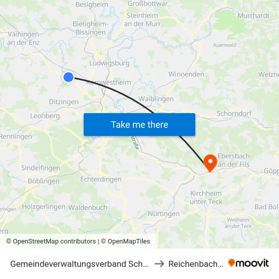 Gemeindeverwaltungsverband Schwieberdingen-Hemmingen to Reichenbach An Der Fils map