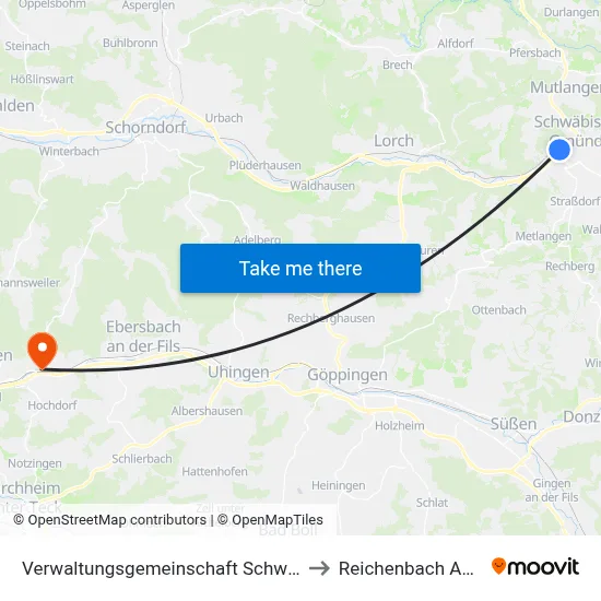 Verwaltungsgemeinschaft Schwäbisch Gmünd to Reichenbach An Der Fils map