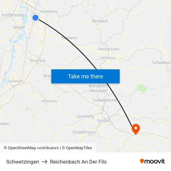 Schwetzingen to Reichenbach An Der Fils map