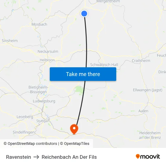 Ravenstein to Reichenbach An Der Fils map