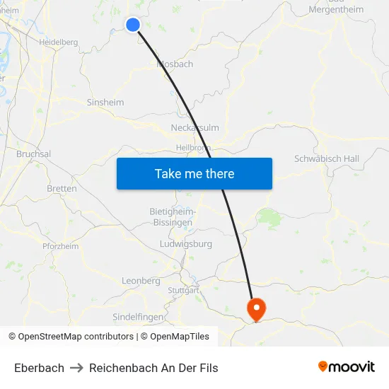 Eberbach to Reichenbach An Der Fils map