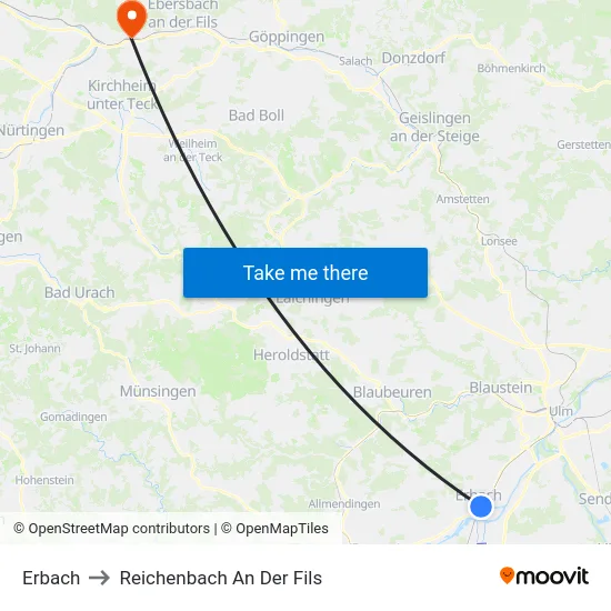 Erbach to Reichenbach An Der Fils map