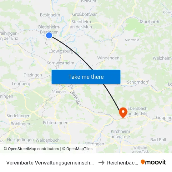 Vereinbarte Verwaltungsgemeinschaft Der Stadt Bietigheim-Bissingen to Reichenbach An Der Fils map