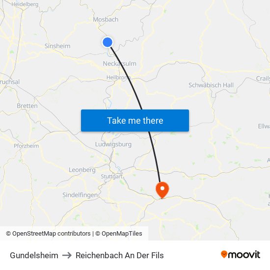 Gundelsheim to Reichenbach An Der Fils map