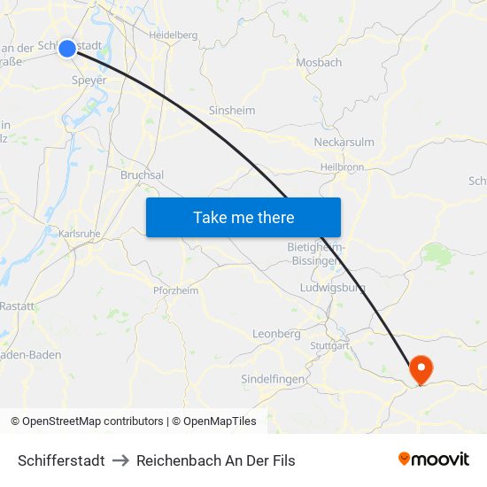 Schifferstadt to Reichenbach An Der Fils map