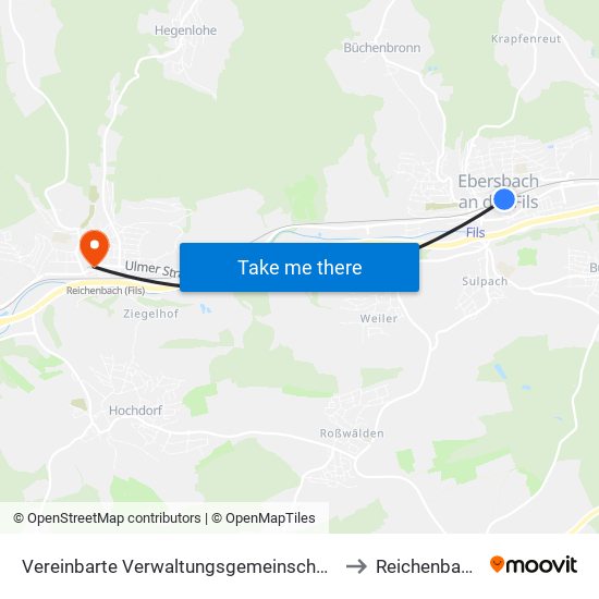 Vereinbarte Verwaltungsgemeinschaft Der Stadt Ebersbach An Der Fils to Reichenbach An Der Fils map
