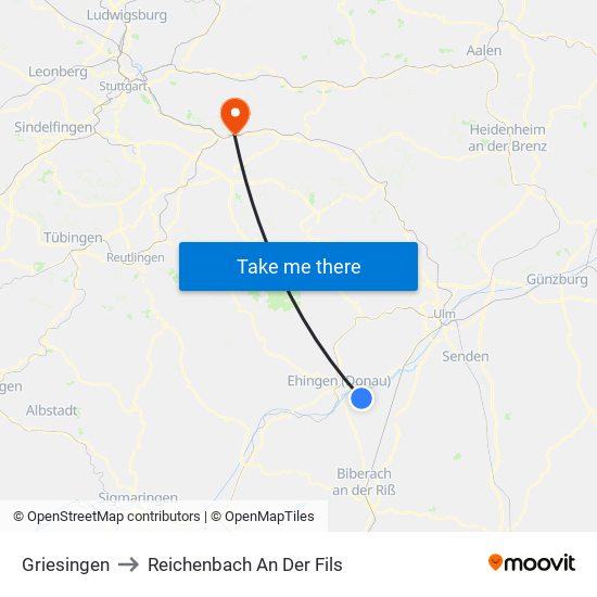 Griesingen to Reichenbach An Der Fils map