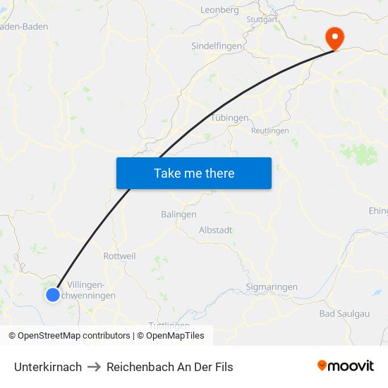 Unterkirnach to Reichenbach An Der Fils map