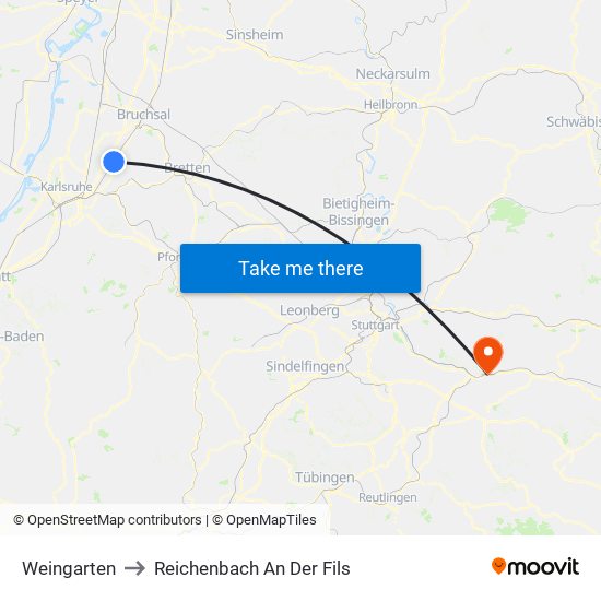 Weingarten to Reichenbach An Der Fils map