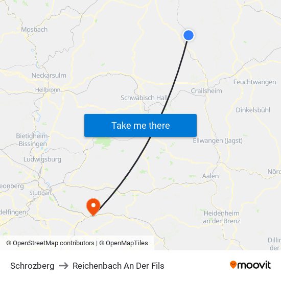 Schrozberg to Reichenbach An Der Fils map