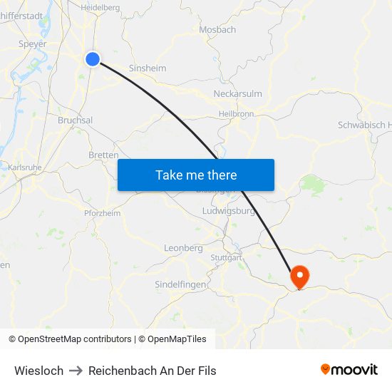 Wiesloch to Reichenbach An Der Fils map