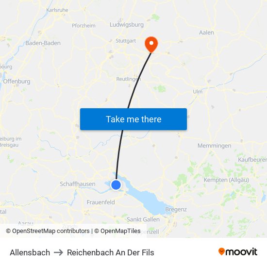 Allensbach to Reichenbach An Der Fils map