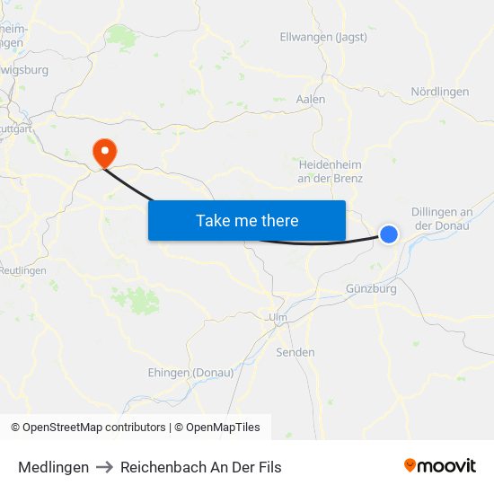 Medlingen to Reichenbach An Der Fils map