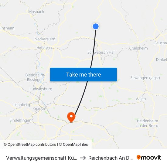 Verwaltungsgemeinschaft Künzelsau to Reichenbach An Der Fils map