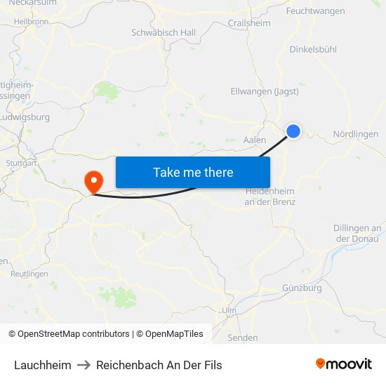 Lauchheim to Reichenbach An Der Fils map