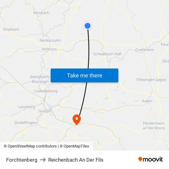 Forchtenberg to Reichenbach An Der Fils map