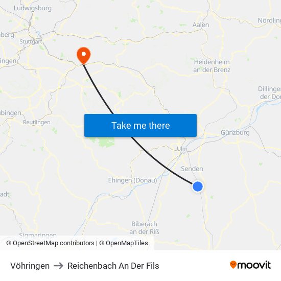 Vöhringen to Reichenbach An Der Fils map