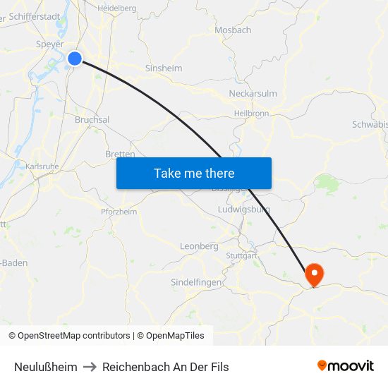 Neulußheim to Reichenbach An Der Fils map