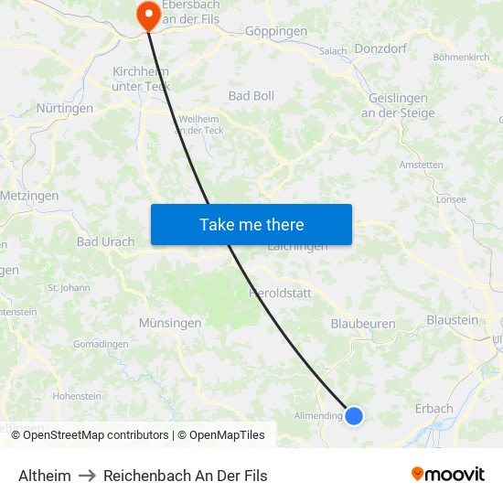 Altheim to Reichenbach An Der Fils map