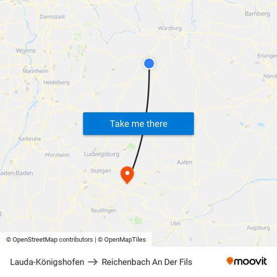 Lauda-Königshofen to Reichenbach An Der Fils map