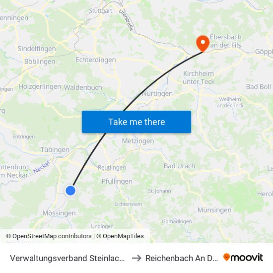 Verwaltungsverband Steinlach-Wiesaz to Reichenbach An Der Fils map