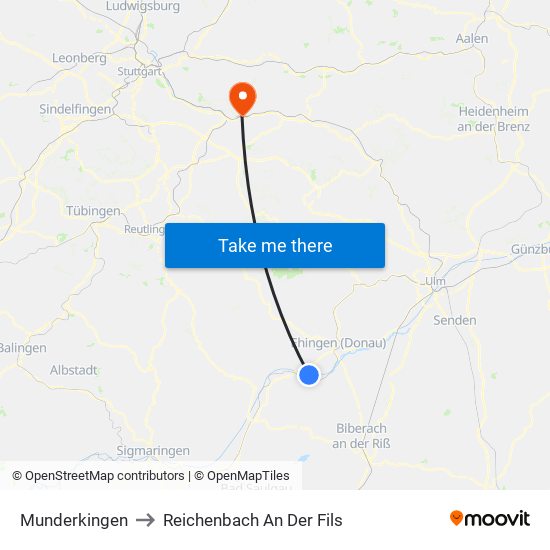 Munderkingen to Reichenbach An Der Fils map