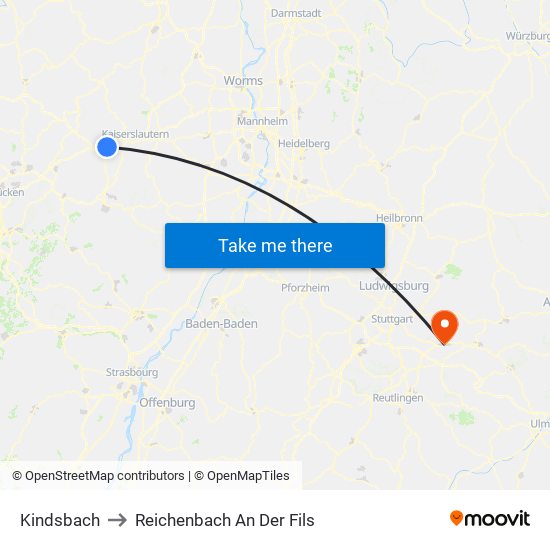 Kindsbach to Reichenbach An Der Fils map