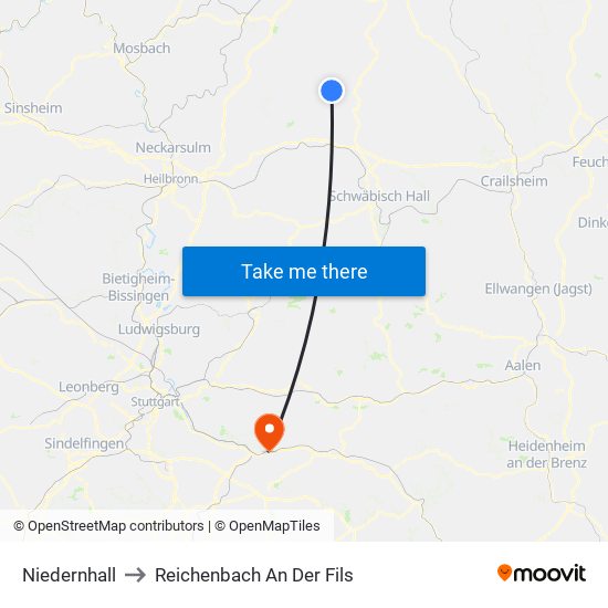 Niedernhall to Reichenbach An Der Fils map
