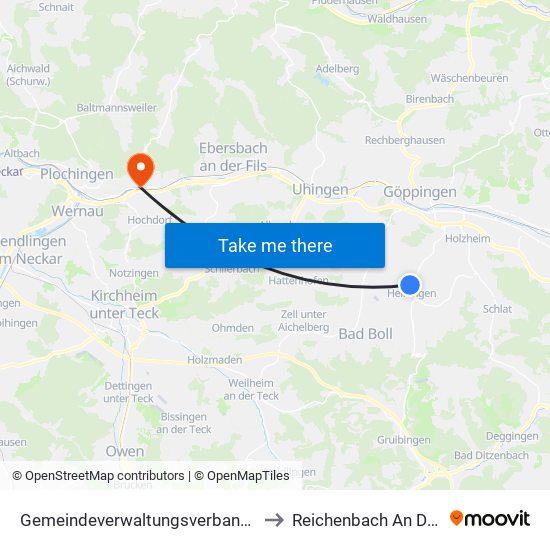 Gemeindeverwaltungsverband Voralb to Reichenbach An Der Fils map