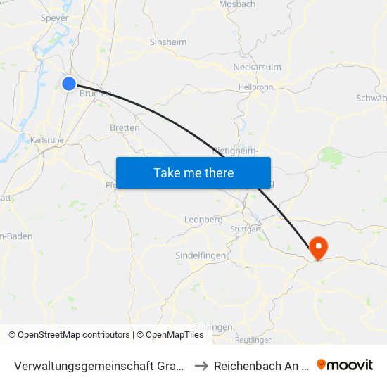 Verwaltungsgemeinschaft Graben-Neudorf to Reichenbach An Der Fils map