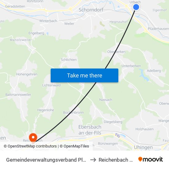 Gemeindeverwaltungsverband Plüderhausen-Urbach to Reichenbach An Der Fils map