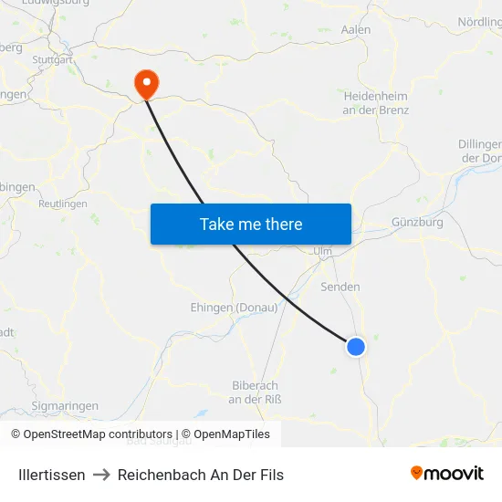 Illertissen to Reichenbach An Der Fils map