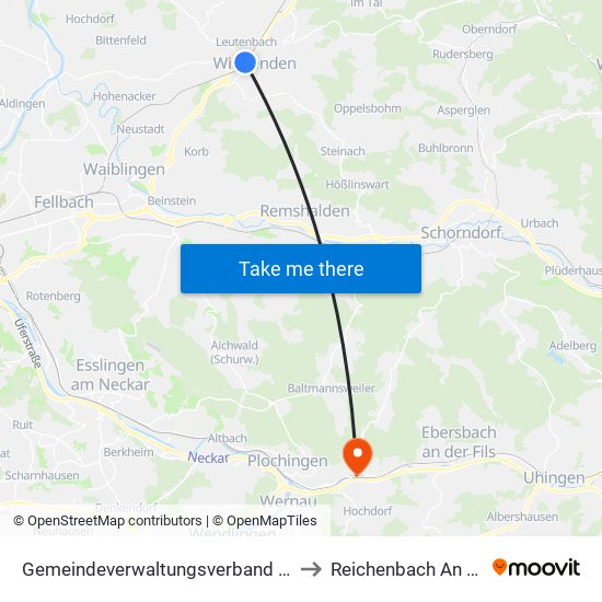 Gemeindeverwaltungsverband Winnenden to Reichenbach An Der Fils map