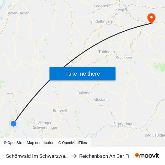 Schönwald Im Schwarzwald to Reichenbach An Der Fils map