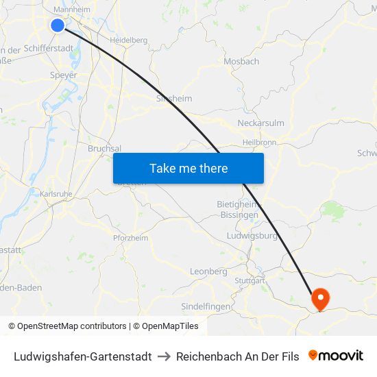Ludwigshafen-Gartenstadt to Reichenbach An Der Fils map