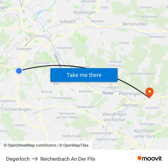 Degerloch to Reichenbach An Der Fils map